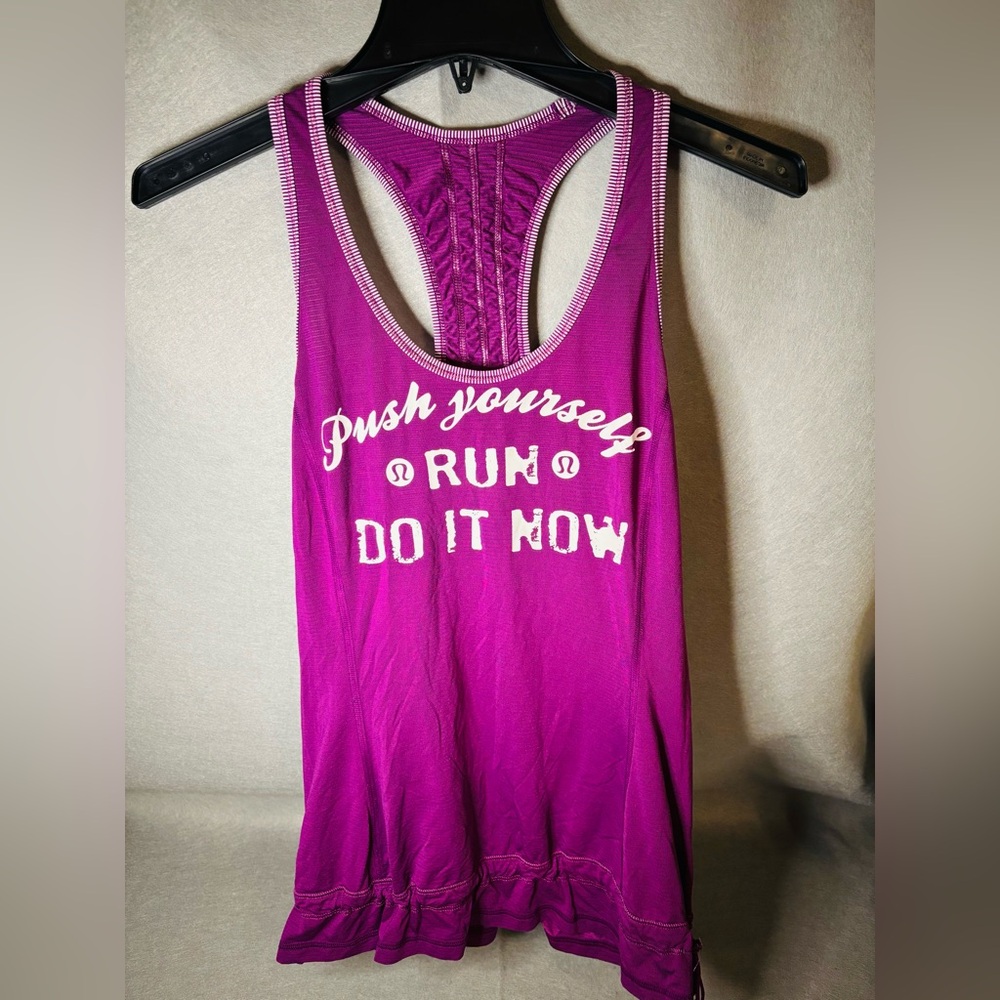 Lululemon Cinch Waist Push Yourself Do It Now Purple Racerback Tank Top 4 Active